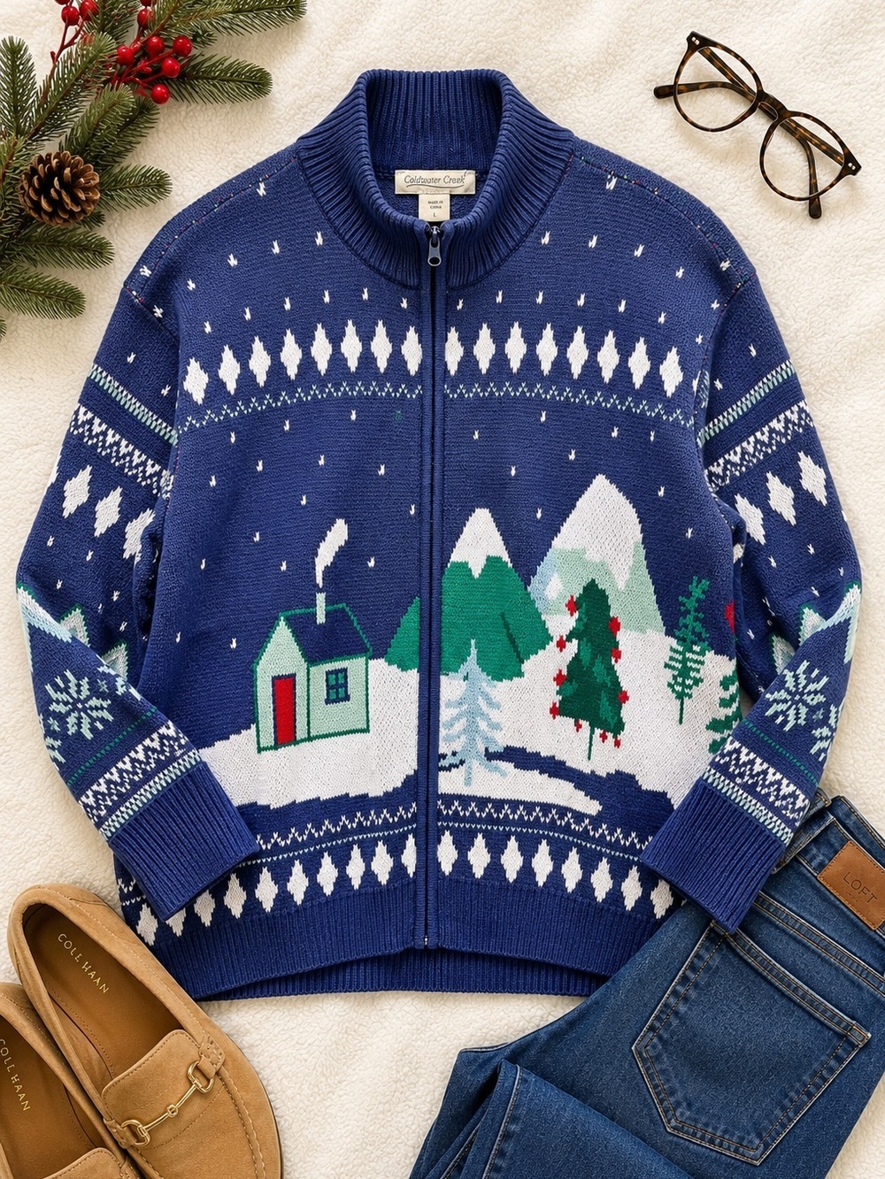 Coldwater Creek Cottagecore Christmas Snow Scene Zip Cardigan Sweater Large E21